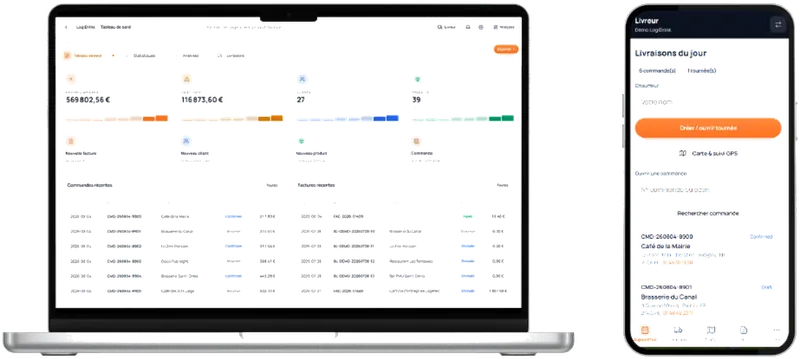 Interface LogiDrink : tableau de bord desktop et application livreur mobile