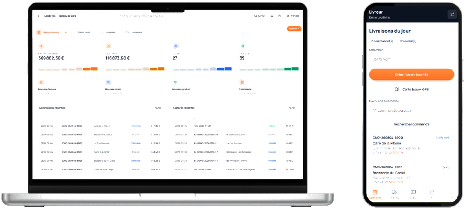 Interface LogiDrink : tableau de bord desktop et application livreur mobile